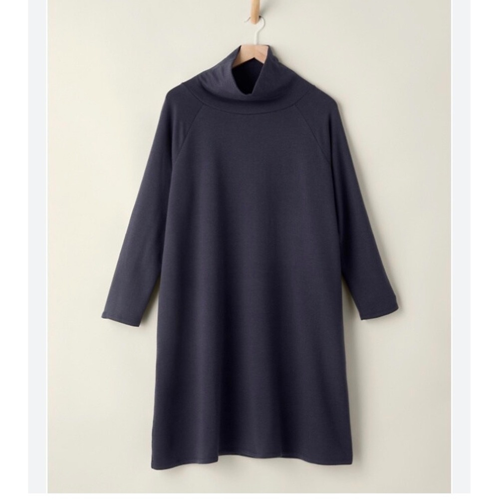 Eileen Fisher Navy Blue Tencel Organic Cotton Fleece Turtleneck Dress XL